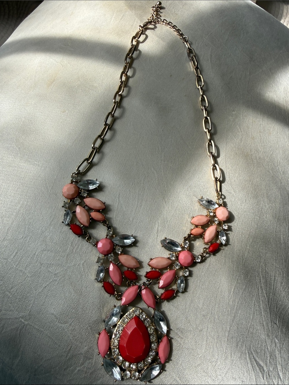 Gold-Tone Statement Necklace with Pink and Red Stone Pendant
